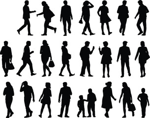 Silhouette of walking people, men and women, various poses, vector illustration, black and white design, business, casual, urban street lifestyle