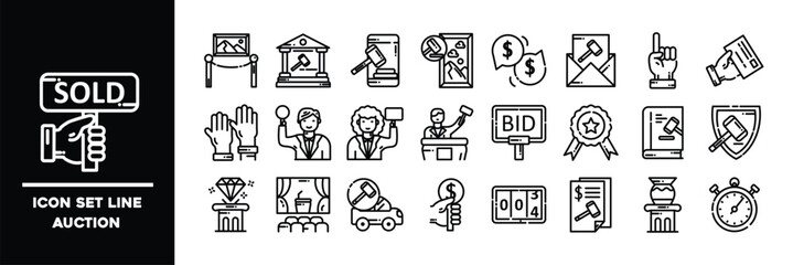Collection of Linear Auction Icons Depicting Various Bidding and Bidder Elements.
