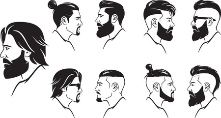 Set of men's profiles with modern hairstyles and beards. Vector line art for barbershop.