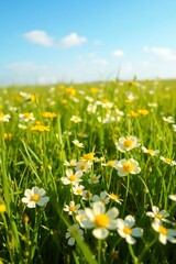 Fototapeta premium Expansive Field of White Daisies and Yellow Flowers Under Blue Sky