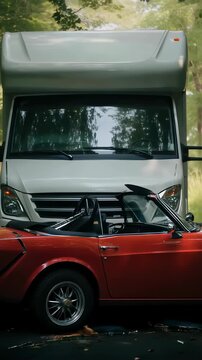 Camper van and roadster crash on a forest road, showing initial impact, progression of damage, and aftermath of collision footage.