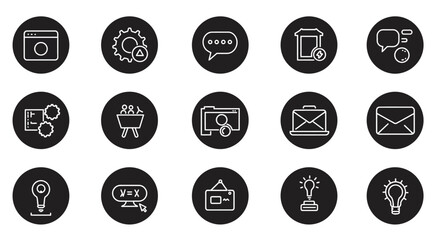 Minimal black and white business and marketing icon set, ideal for web design, presentations, infographics, mobile apps, and modern branding projects.