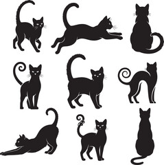 Elegant Black Cat Silhouettes Vector Collection in Various Playful and Graceful Poses