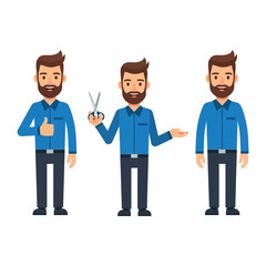 Barber's Actions: Three depictions of a male barber displaying different actions with a professional grooming stance and conveying expertise and precision in the hairstyling and personal care field.