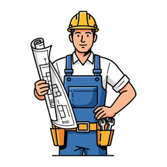 Architect holding a blueprint: a focused architect stands, holding a blueprint, embodying expertise and precision. He wears a safety helmet and tool belt.