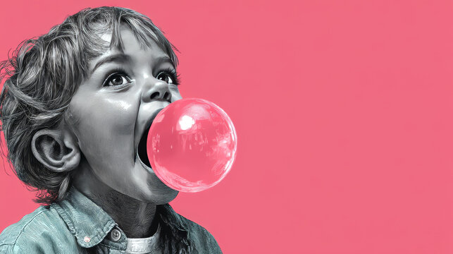Happy child with pink bubblegum. Fun and childhood.Child popping gum bubbles. Vector illustration.