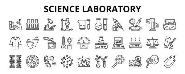 30 Science Laboratory Line Icons Vector - Bunsen Burner, Beaker, Flask, Pipette, Chemical, Petri Dish, Bacteria