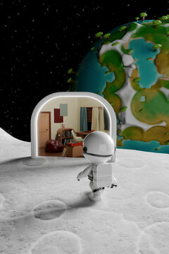 3d cartoon astronaut exploring moon surface with portal to room