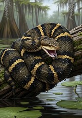 Obraz premium Menacing Cottonmouth Snake Coiled on Log in Swampy Marshland