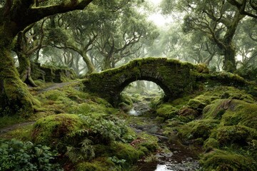Lush mossy forest with ancient stone arch bridge