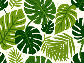 Vector pattern of tropical palm leaves and ferns, seamless layout, flat modern style, green tones