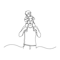 Father Carrying Child on Shoulders: A heartwarming continuous line drawing captures a father's loving embrace as he carries his child on his shoulders, showcasing the simple joys of family life.