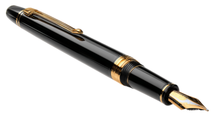 Elegant wooden fountain pen with polished gold nib, high-resolution isolated PNG cutout on transparent background, premium stationery design element for branding, luxury writing accessories