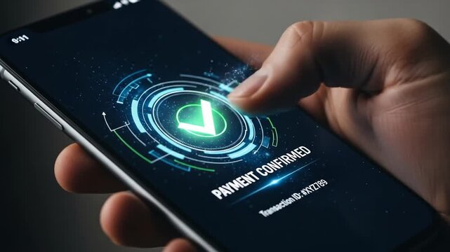 Seamless mobile payment: Person confirms transaction on smartphone with digital confirmation screen displaying payment successful indicator and identification number