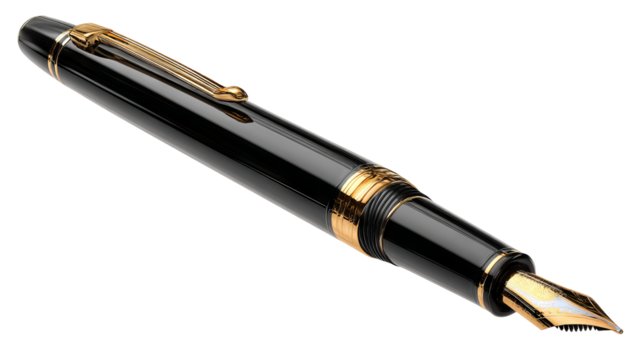 Elegant wooden fountain pen with polished gold nib, high-resolution isolated PNG cutout on transparent background, premium stationery design element for branding, luxury writing accessories