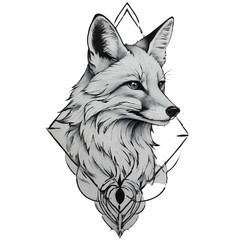 Detailed black and white illustration of a fox head with geometric patterns isolated on transparent background
