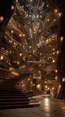 Obraz premium Magical Tree Library Interior Fantasy Architecture, Glowing Lights, Bookshelves