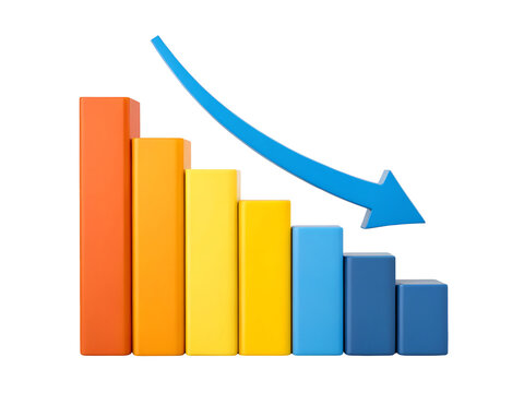 Colorful bar chart showing a downward trend with a blue arrow indicating a decrease isolated on transparent background