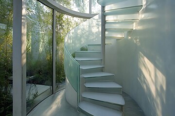 Narrow spiral staircase bordered entirely by curved frosted glass walls and thin concrete steps