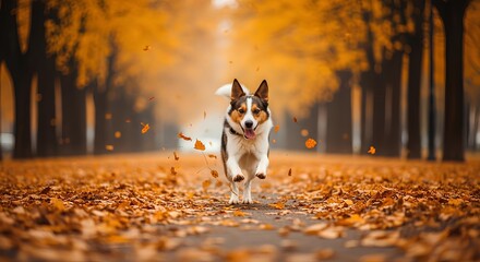 Fototapeta premium Ultra Realistic Playful Dog Running through Autumn Leaves in Park