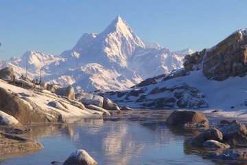 Snowy mountain reflected in calm water