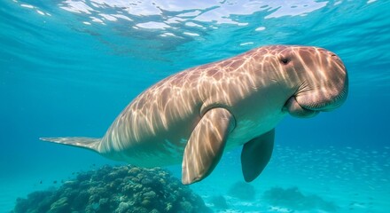 Fototapeta premium Dugong swimming gracefully underwater in clear tropical waters
