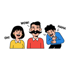 Laughing out Loud: A vibrant cartoon illustrates a family moment filled with laughter, joy, and amusement with speech bubbles showcasing expressions of Wow!, Haha!.