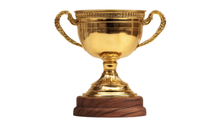 Golden trophy cup and awards on wooden stand, isolated on transparent background, high-resolution PNG cutout with clean clipping path, ideal for sports ceremony graphics, winner prize mockups
