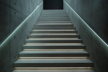 Polished concrete staircase elevated by sturdy frosted glass panels and subtle LED lighting