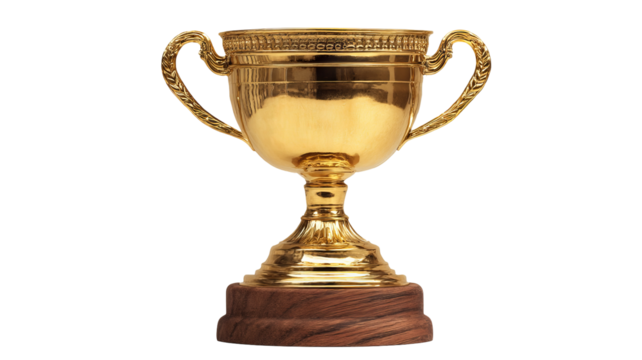 Golden trophy cup and awards on wooden stand, isolated on transparent background, high-resolution PNG cutout with clean clipping path, ideal for sports ceremony graphics, winner prize mockups