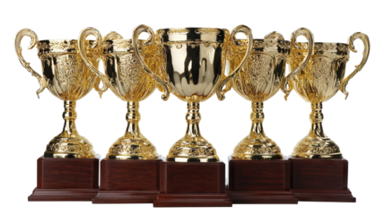 Golden trophy cup and awards on wooden stand, isolated on transparent background, high-resolution PNG cutout with clean clipping path, ideal for sports ceremony graphics, winner prize mockups