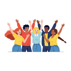 Obraz premium Joyful Reunion: A vibrant illustration depicts a diverse group of individuals with their arms raised in a collective gesture of joy, unity, and shared elation. A moment of pure.
