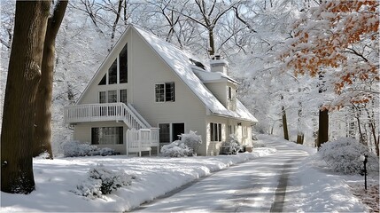 the image showcases a house nestled in a winter landscape. the house has a prominent triangular roof, white siding, and multiple windows