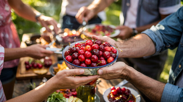 Someone offers a bowl of fresh cherries to guests at a BBQ