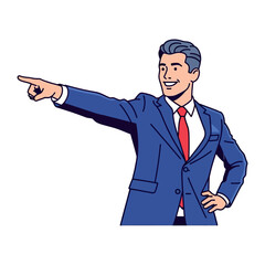 Direction with Authority: A confident and sharply dressed business man in a striking blue suit. he is pointing.