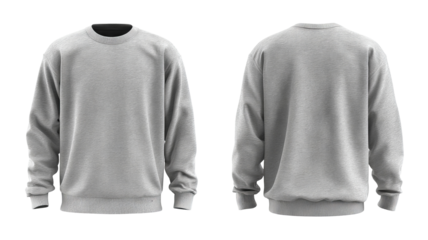 Gray sweatshirt mockup, front and back view, soft fabric crewneck, isolated on transparent background, high-resolution PNG cutout, casual unisex apparel template for branding, logo placement