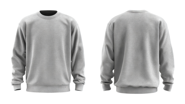 Gray sweatshirt mockup, front and back view, soft fabric crewneck, isolated on transparent background, high-resolution PNG cutout, casual unisex apparel template for branding, logo placement