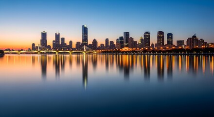 Naklejka premium Stunning City Skyline Reflected on Water at Dusk – Ultra Realistic Urban Landscape Photography