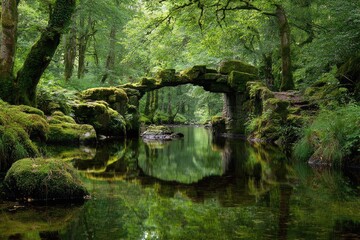 Fototapeta premium Stone arch bridge over a tranquil river, lush forest