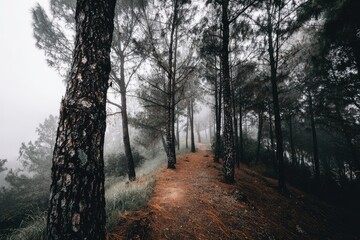Fototapeta premium Misty path through a pine forest