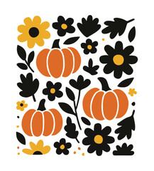 Orange pumpkins black flowers yellow flowers and leaves pattern autumn fall