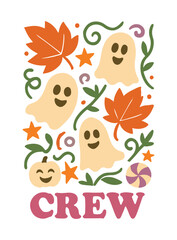 Cute Halloween ghosts and fall leaves with the word crew autumn