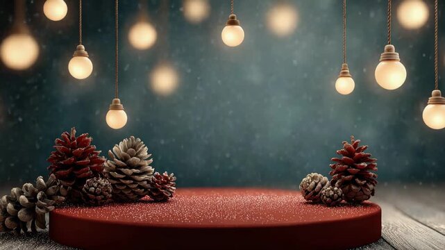 Cozy winter scene featuring glowing lights, pinecones, and vibrant red platform