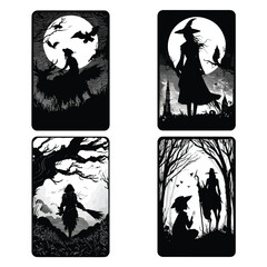 Vector silhouette set of Halloween Tarot Cards isolated in White background, silhouette Set, Halloween theme, Vector illustration 