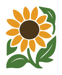 Stylized sunflower with green leaves and brown center nature plant