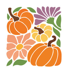 Orange yellow and pink pumpkins with flowers and green leaves autumn fall