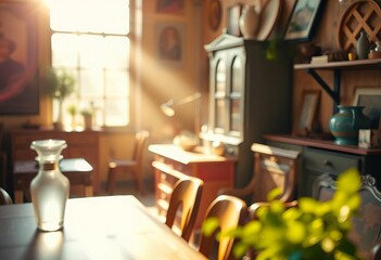Warm, hazy glow on vintage furniture & decor, bokeh effect,   homely,   peaceful