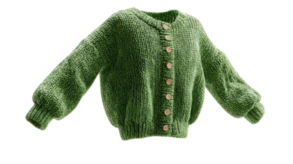 Green knitted button-front cardigan sweater isolated on transparent background — high-resolution PNG cutout with floating levitation look, ideal for apparel mockups, e-commerce product pages
