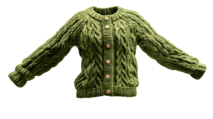 Green knitted button-front cardigan sweater isolated on transparent background — high-resolution PNG cutout with floating levitation look, ideal for apparel mockups, e-commerce product pages