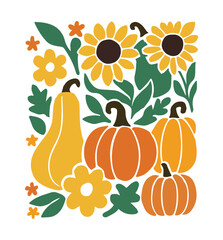 Autumn harvest illustration with pumpkins sunflowers and leaves fall gourds